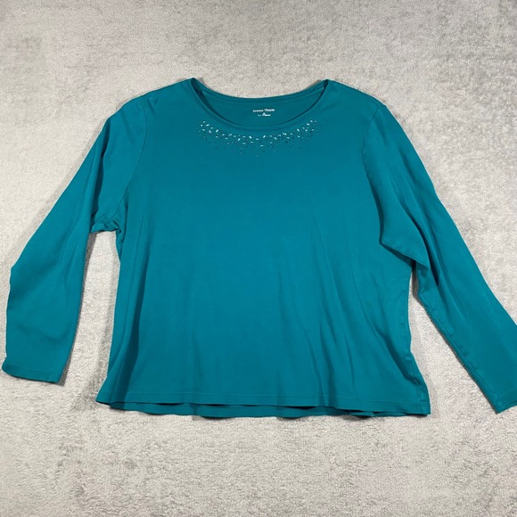 Studio Works Tops - Studio Works Embellished Top Women XL Teal Blue Long Sleeve Rhinestone Cotton‎